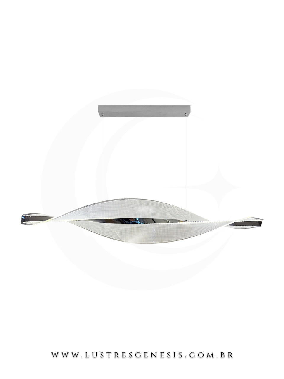 Pendente de luz decorativo, com formato de fita em metal, iluminação embutida e acabamento prateado, para ambientes modernos.